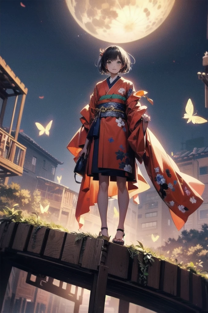 1 girl, Wide Shot, standing in front of bloody full-moon,front,  From below , red kimono, swarm of butterflies on the background,High resolution,(Unbelievably absurd),Anime Visual,Highly detailed CG Unity 8k wallpaper, ((masterpiece)), ((highest quality)), (Beautiful illustrations), ((Very delicate and beautiful))