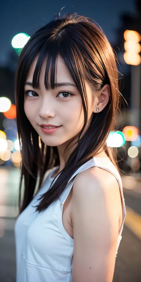 1 Girl, Tokyo Street,night, Streetscape,City lights,Upper Body,close,smile,, (8K, Raw photo, highest quality, masterpiece:1.2),(...