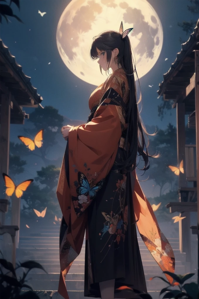 1 female, Wide Shot, standing in リヤビューof bloody full-moon,Back view,  From below ,silhouette， red kimono, swarm of butterflies on the background,High resolution,(Unbelievably absurd),Anime Visual,Highly detailed CG Unity 8k wallpaper, ((masterpiece)), ((highest quality)), (Beautiful illustrations), ((Very delicate and beautiful))