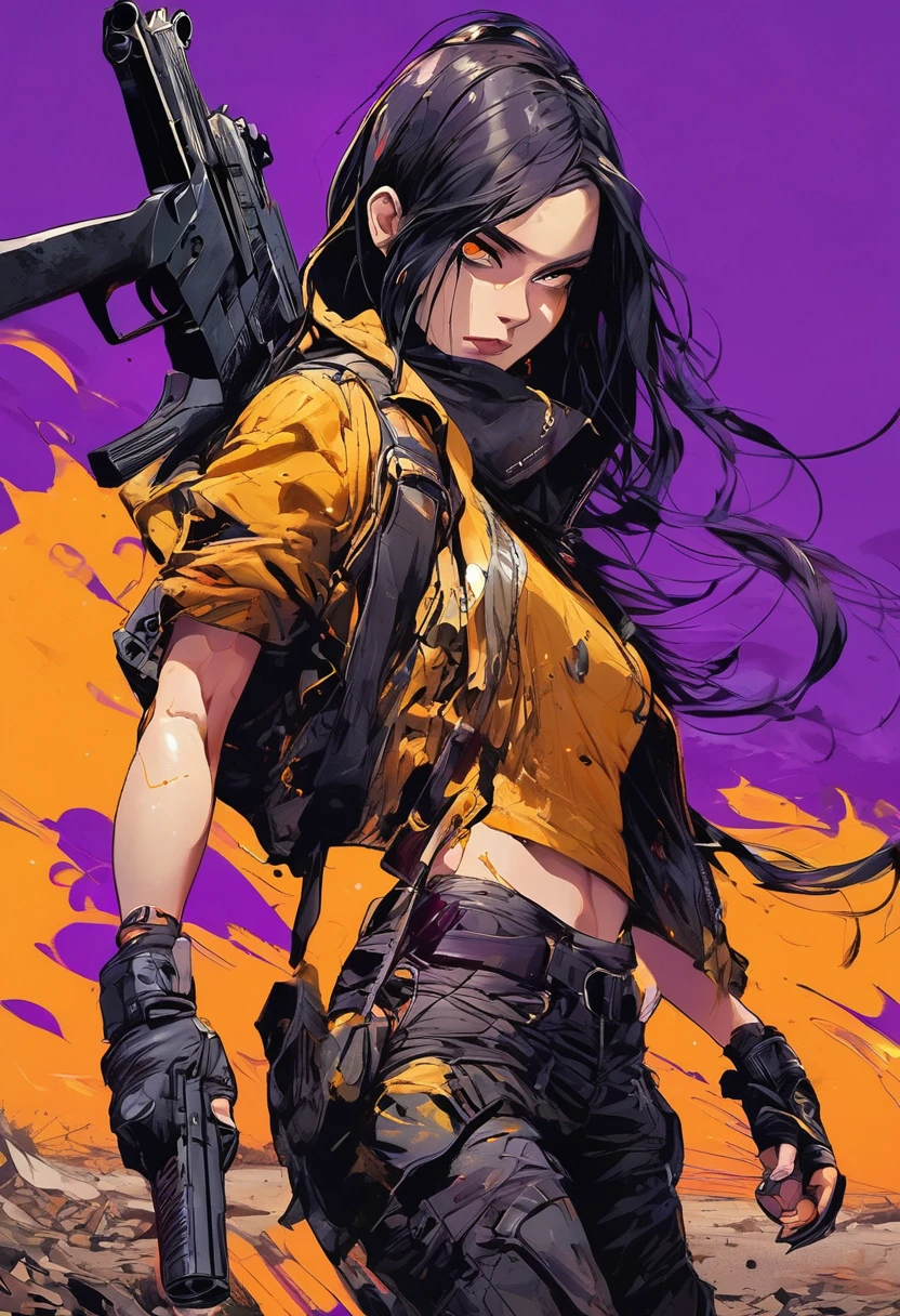 dark and torn, 1 young beautiful muscular body, fierce expression, holding a gun, (colors on her clothes, warm, orange, yellow, violet:1.3), standing on a desolate wasteland, dramatic lighting, intense shadows, sandy texture, tall contrast, vibrant colors, dynamic pose, powerful stance, rugged background, explosive atmosphere, dystopian theme, surreal elements, digitally painted illustration, HD resolution, intricate details, dramatic composition, avant-garde and chaotic brush strokes, gothic style, intense emotions, epic scale, raw and gritty feel, captivating and provocative artwork.