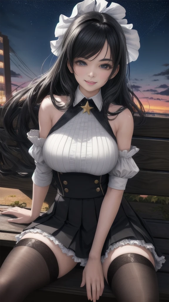 A high resolution, Ultra detailed, (1girll:1.3), (Dynamic pose):1.0 BREAK, 1 extremely beautiful and glamorous  anime girl sitting on the park bench at night, wearing a white collard shirt and a knee-length long pleats skirt, (Black stockings), she has black wavy pony-tail hair style, huge-breasted, Smile, cheerfulness, Wind, 8 life size, Detailed clothes, Detailed body, detailed arms, human hand, Detailed hands, upperbody shots, Hip focus, Blush, Light smile, looking a viewer, Facing the viewer, staring at the audience, The beach is brightly lit around，with stars shining in the sky, Studio soft light, Cinematic light, Detailed background, Realistic, Ultra-realistic, Masterpiece, 32k ultra-sharp image,