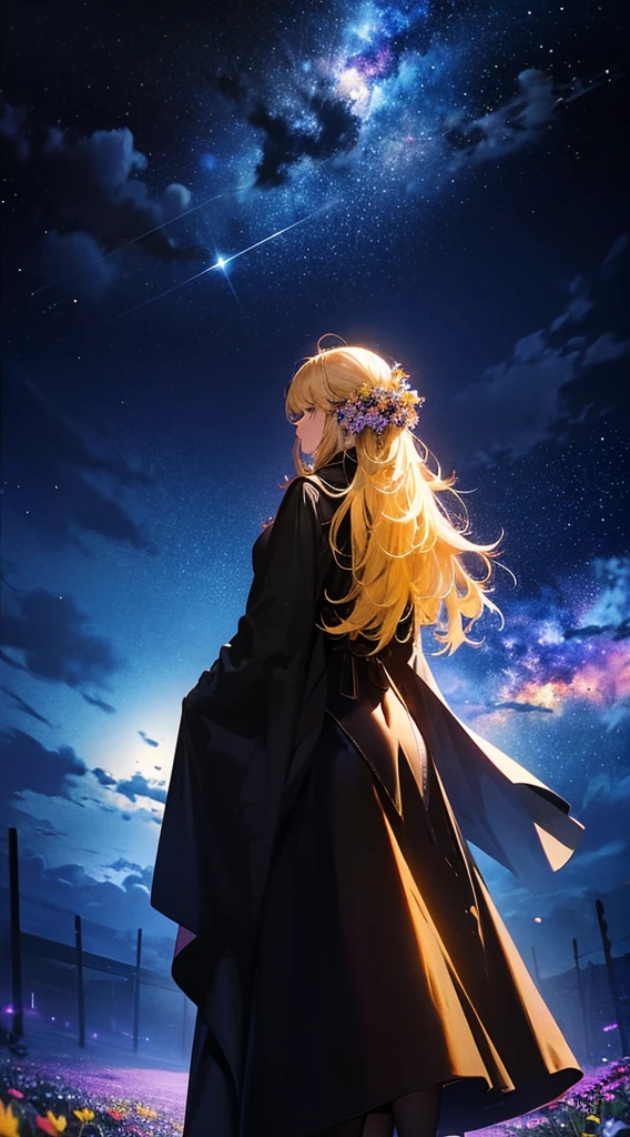 １personnes々,Femme blonde aux cheveux longs，long manteau， Silhouette de robe， vue arrière，Ciel spatial, Champ de fleurs，Fleurs colorées