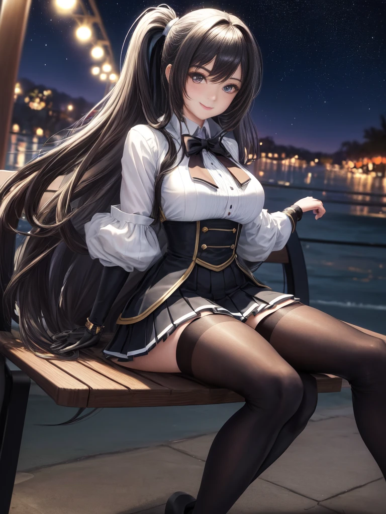 highres, ultra detailed, (1girl:1.3), (dynamic pose):1.0 BREAK, 1 extremely beautiful and glamorous  anime girl sitting on the park bench at night, wearing a white collard shirt and a knee-length long pleats skirt, (black stockings), she has black wavy pony-tail hair style, gigantic-breasted, smile, happy, wind, 8 life size, detailed clothes, detailed body, detailed arms, human hands, detailed hands, upper body shot, hip focus, blush, light smile, looking the viewer, facing the viewer, staring the viewer, Lights are lit around the beach and stars are shining in the sky, studio soft light, cinematic light, detailed background, realistic, ultra-realistic, masterpiece, 32k ultra-sharp image,