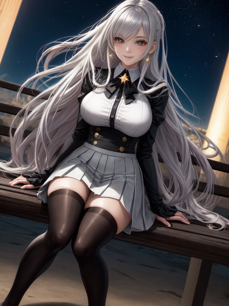 highres, ultra detailed, (1girl:1.3), (dynamic pose):1.0 BREAK, 1 extremely beautiful and glamorous  anime girl sitting on the park bench at night, wearing a white collard shirt and a knee-length long pleats skirt, (black stockings), she has black wavy pony-tail hair style, gigantic-breasted, smile, happy, wind, 8 life size, detailed clothes, detailed body, detailed arms, human hands, detailed hands, upper body shot, hip focus, blush, light smile, looking the viewer, facing the viewer, staring the viewer, Lights are lit around the beach and stars are shining in the sky, studio soft light, cinematic light, detailed background, realistic, ultra-realistic, masterpiece, 32k ultra-sharp image,