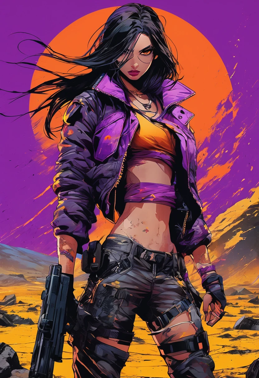 dark and torn, 1 young beautiful muscular body, fierce expression, holding a gun, (colors on her clothes, warm, orange, yellow, violet:1.3), standing on a desolate wasteland, dramatic lighting, intense shadows, sandy texture, tall contrast, vibrant colors, dynamic pose, powerful stance, rugged background, explosive atmosphere, dystopian theme, surreal elements, digitally painted illustration, HD resolution, intricate details, dramatic composition, avant-garde and chaotic brush strokes, gothic style, intense emotions, epic scale, raw and gritty feel, captivating and provocative artwork.