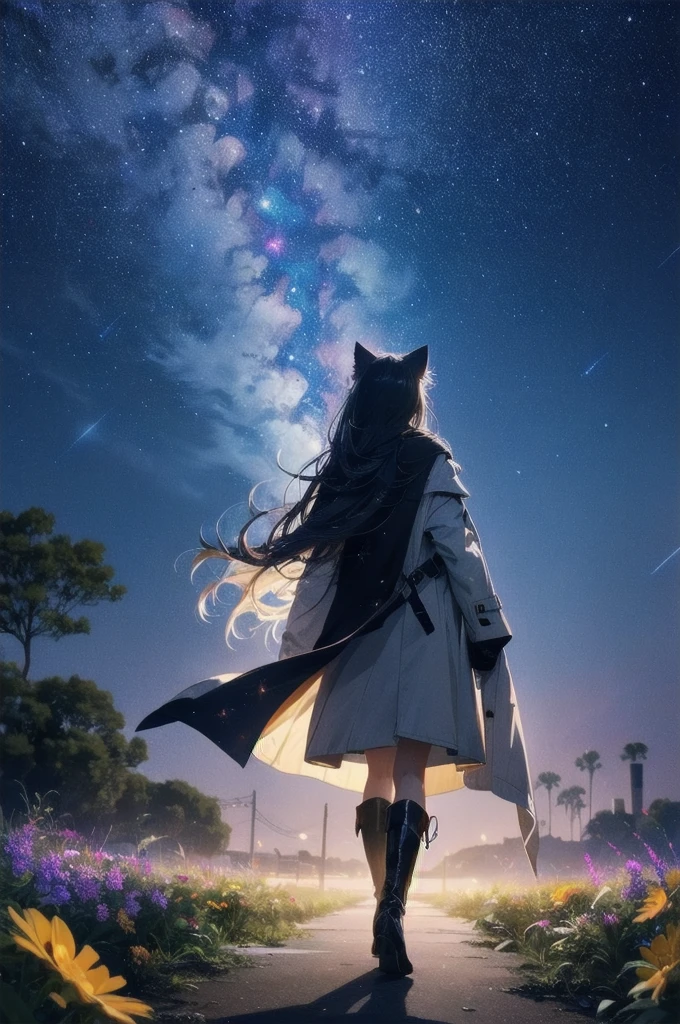 1 female,Cat ear， Wide Shot, standing in rear view, silhouette， Knee-high boots，Long coat,High resolution,cosmic starry sky，Flower Field，(Unbelievably absurd),Anime Visual,Highly detailed CG Unity 8k wallpaper, ((masterpiece)), ((highest quality)), (Beautiful illustrations), ((Very delicate and beautiful))