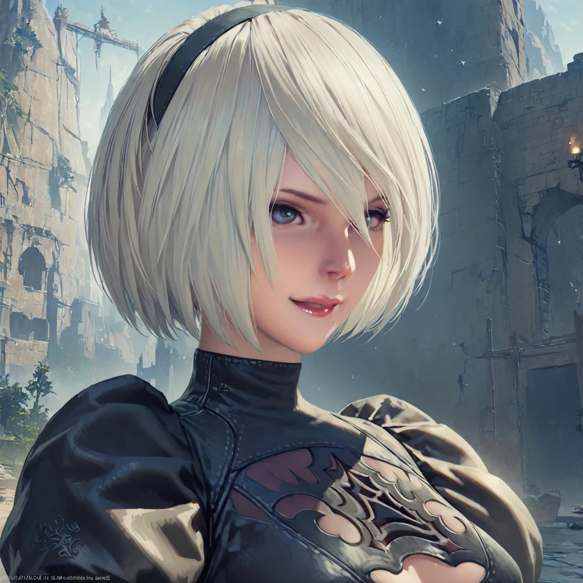 Character design sheet, highest quality , High resolution, masterpiece, Representative works, Official Art, Professional, Super intricate details, 8k, The background is parchment-like, One Girl, Oh, (Round face), chest, Chest cleavage, Chest cleavage cutout, Dress cutout, Hair between the eyes, head band, Juliet Sleeve, Long sleeve, nier (series), nier automata, ((Whole body photography)), Fluffy sleeves, Pale blue eyes, Red lips, Lips with raised corners of the mouth, Smiling Lips, Shadow Face, short hair, alone, Turtleneck sweater, whole body, l Blue-white silver hair, zero、The fluttering hem of a skirt、Moderately thick、Toned thighasterpiece、highest quality、(((Realistic、Realistic:1.37)))、8K quality}},