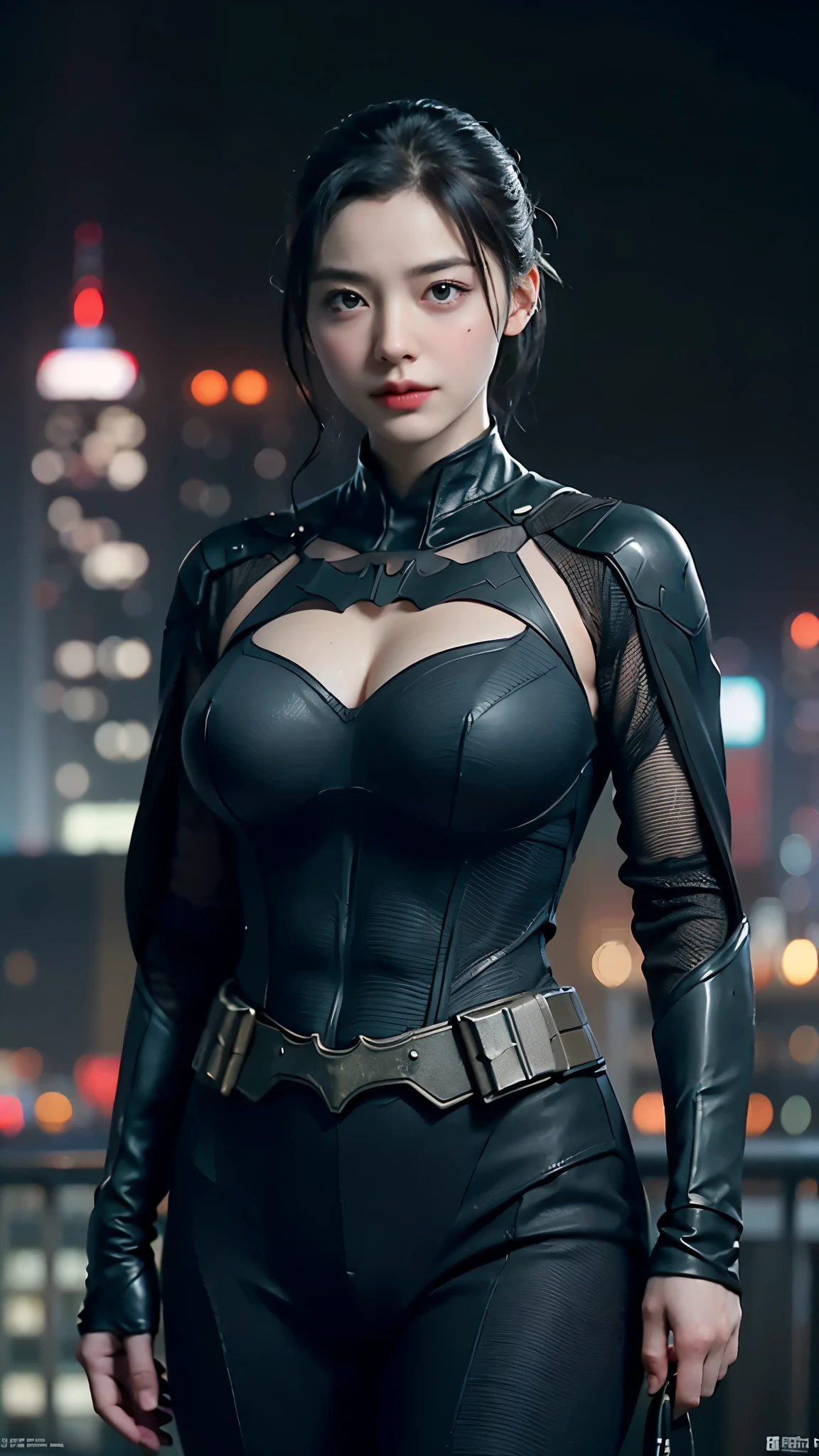 ((Masterpiece, Top Quality, High Resolution, Photorealistic, Raw, 8K wallpaper)), (huge stunning goddess shot, very hot and sexy, jaw dropping beauty, perfect proportions, beautiful body, slim body beauty: 1.4), batman standing on Rooftop overlooking city skyline at night, gotham city background, nighttime in gotham city, gotham city, from movie batman, gotham city double exposure, gotham city style, film still of batman, metropolis filmic gotham city, cyberpunk batman, still image from batman movie, in batman movie still cinematic, gotham setting, the batman, gotham,