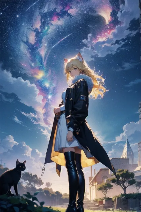 1 female,cat ear，blonde long hair， wide shot, stand in the back, silhouette， knee-high boots，long coat,high resolution,cosmic st...