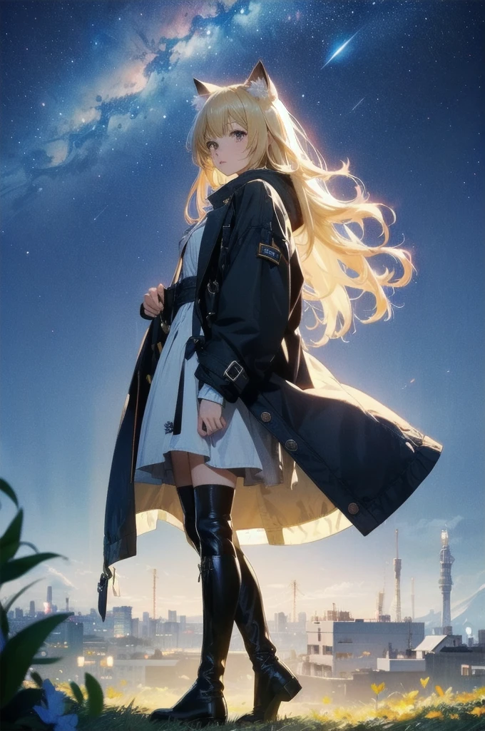 1 female,Cat ear，Blonde long hair， Wide Shot, standing behind, silhouette， Knee-high boots，Long coat,High resolution,cosmic starry sky，Flower Field，(Unbelievably absurd),Anime Visual,Highly detailed CG Unity 8k wallpaper, ((masterpiece)), ((highest quality)), (Beautiful illustrations), ((Very delicate and beautiful))