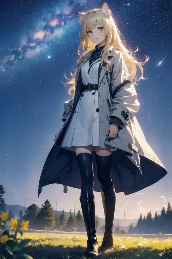 1 female,Cat ear，Blonde long hair， Wide Shot, standing behind, silhouette， Knee-high boots，Long coat,High resolution,cosmic starry sky，Flower Field，(Unbelievably absurd),Anime Visual,Highly detailed CG Unity 8k wallpaper, ((masterpiece)), ((highest quality)), (Beautiful illustrations), ((Very delicate and beautiful))