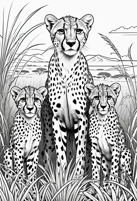 coloring page for kids, cheetah with 2 cheetah cubs in the tall Africa grass lands with lots of bushes, cartoon style, thick lin...