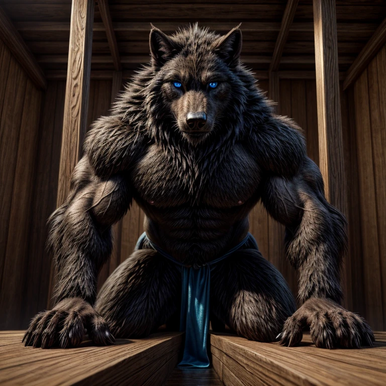 Make a more realistic black-furred furry werewolf with non-glowing blue eyes, com musculos enormes bem detalhados e mais hot dentro de uma igreja se pendurando em uma barra olhando para o espectador, totally now 