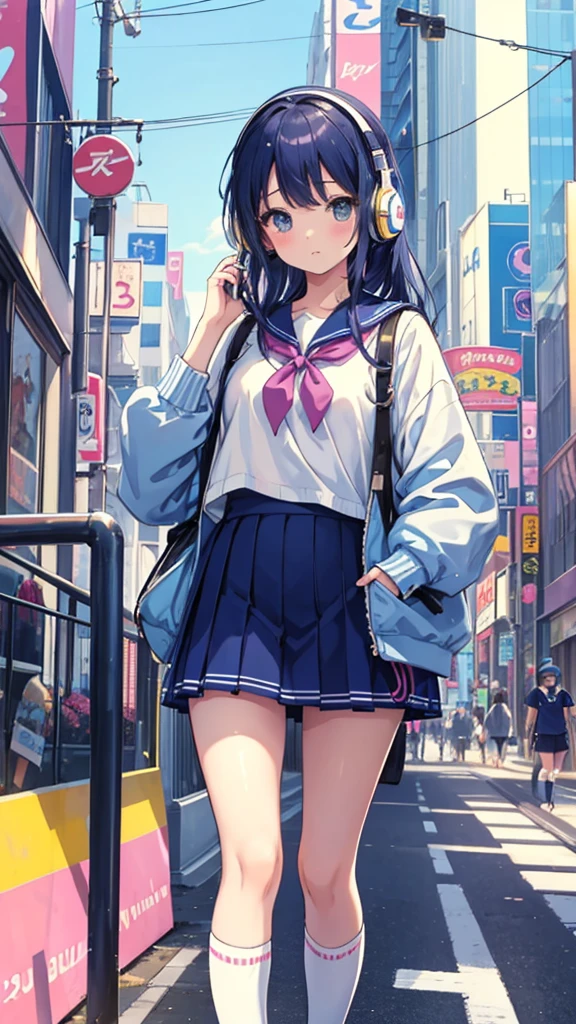 90s City Pop Art、City pop style、sketch style、lofi girl、Beautiful high school girl、8 headodel、Navy blue sailor uniform、White sweater、mini skirt、Knee-high socks、Walking around Harajuku、Headphones 1.2、Listening to music、big eye、whole body、1 person、Cowboy Shot