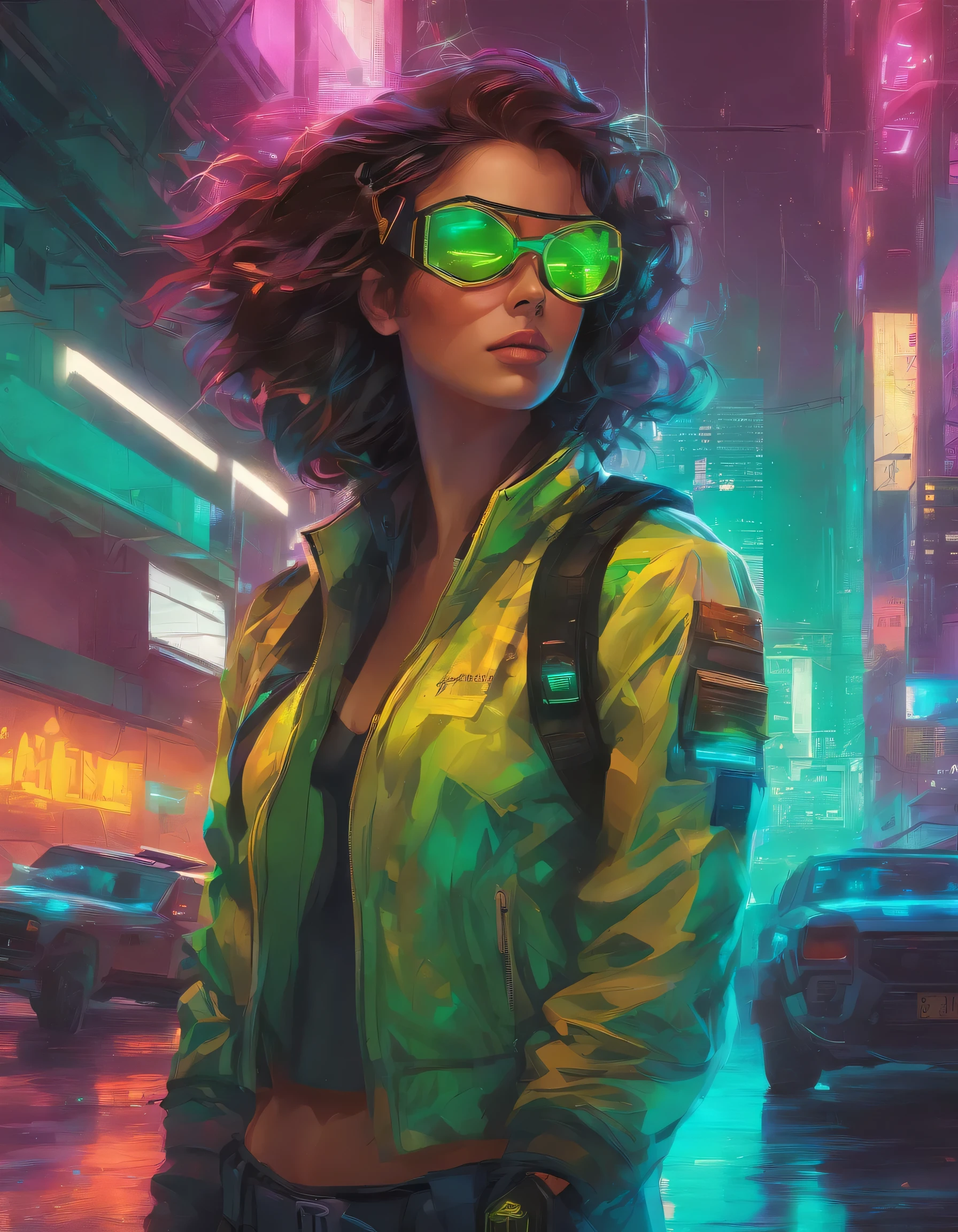  teenage girl with long hair emerald, white eyes, bochechas vermelhas vestindo uma camiseta amarela neon, detalhes neon, luvas verdes neon, a neon glasses green; a (corpo maravilhoso: 1.2), (corpo completo: 1.2), (dynamic posture :1.2), neon glow, (detailed cybernetic eyes:1.1), primeiro plano (hiperrealista:1.2), RPG, estilo cyberpunk 2077, dramatic lighting, (Paisagem urbana futurista altamente detalhada:1.2), (Science fiction: 1.2). 1.2), fotografia de retrato profissional, por wlop greg rutkowski jeffrey simpson alphonse mucha