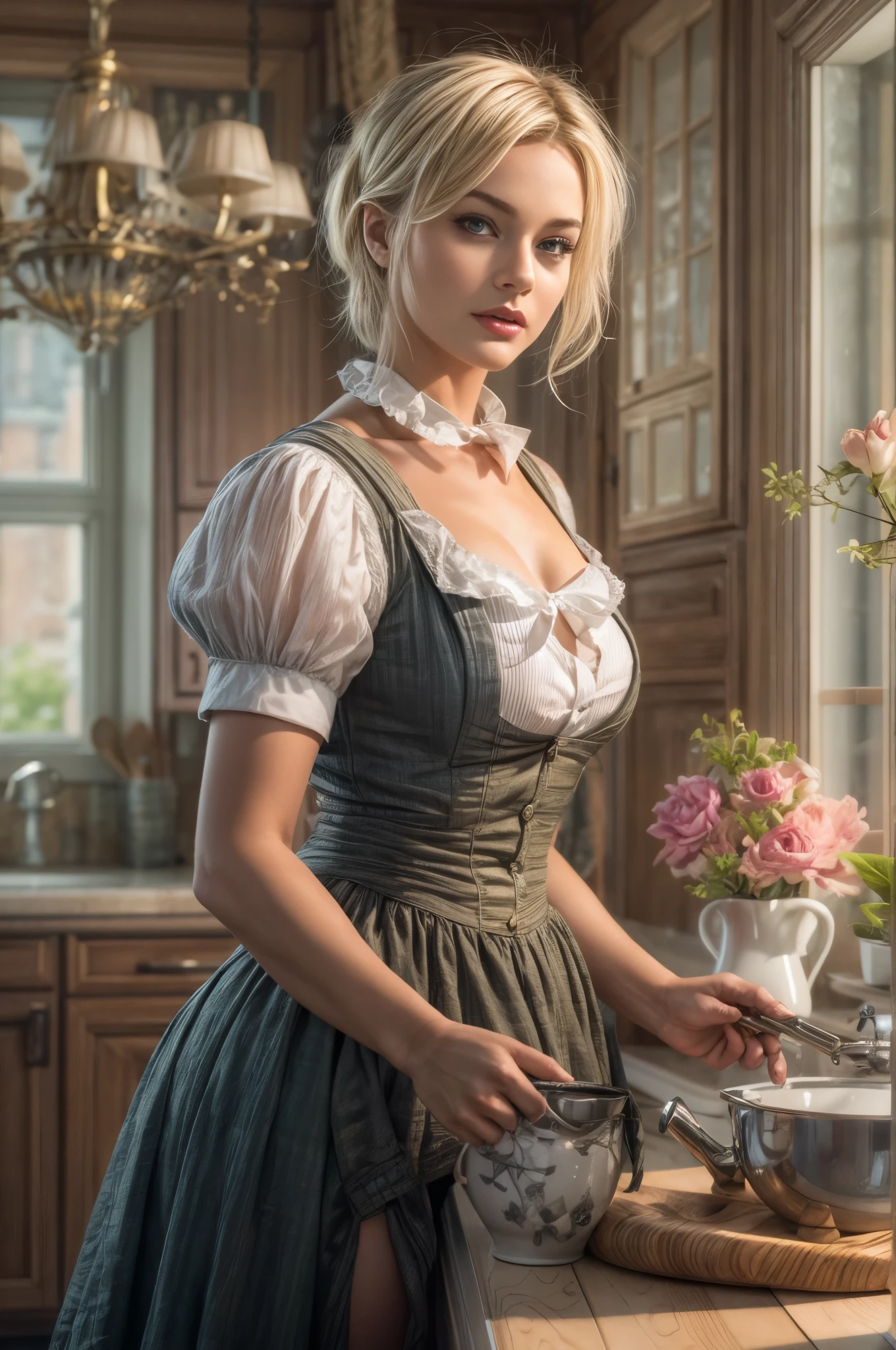 mignon blond allemand femme de chambre photographie du corps entier,  photoréaliste moderne, à la manière de ,  Artstation Deviant art Pinterest Cgsociety Behance Pixiv,  lumière du soleil, ((tenue de femme de chambre victorienne)), Énorme , clivage, collants épais, cuisine Fond, Jeune visage, peau lisse et pâle, corps mince et mince, seins moyens, (Coupe de cheveux Marylin Monroe), yeux bleus,  paysages complexes post-traitement HDR détails fins cinématographiques 16k tendances très détaillées sur artstation