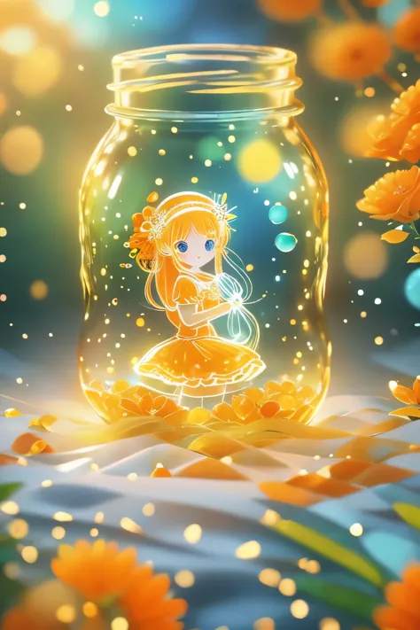 (masterpiece), (best quality), illustration, Super detailed, HDR, Depth of Field, (rich and colorful), ,(Flowers background:1.45),(Transparent Background:1.3)(an extremely delicate and beautiful girl inside of Glass Kan:1.2), (Glass Kan:1.35),(Solitary:1.2...