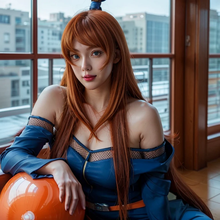 un primer plano de una persona con pelo largo, ropa azul, Mei Terumi del anime Naruto, as an personaje animado, cara de anime perfecta, she has pelo naranja with bangs, female personaje animado, personaje animado, mejor chica anime, peinado de corte hime, pelo naranja, (pechos grandes), (labios rojos brillantes:1.3), blue eyes, sonrisa, Fondo de la ciudad, (Hermoso rostro:1.3)