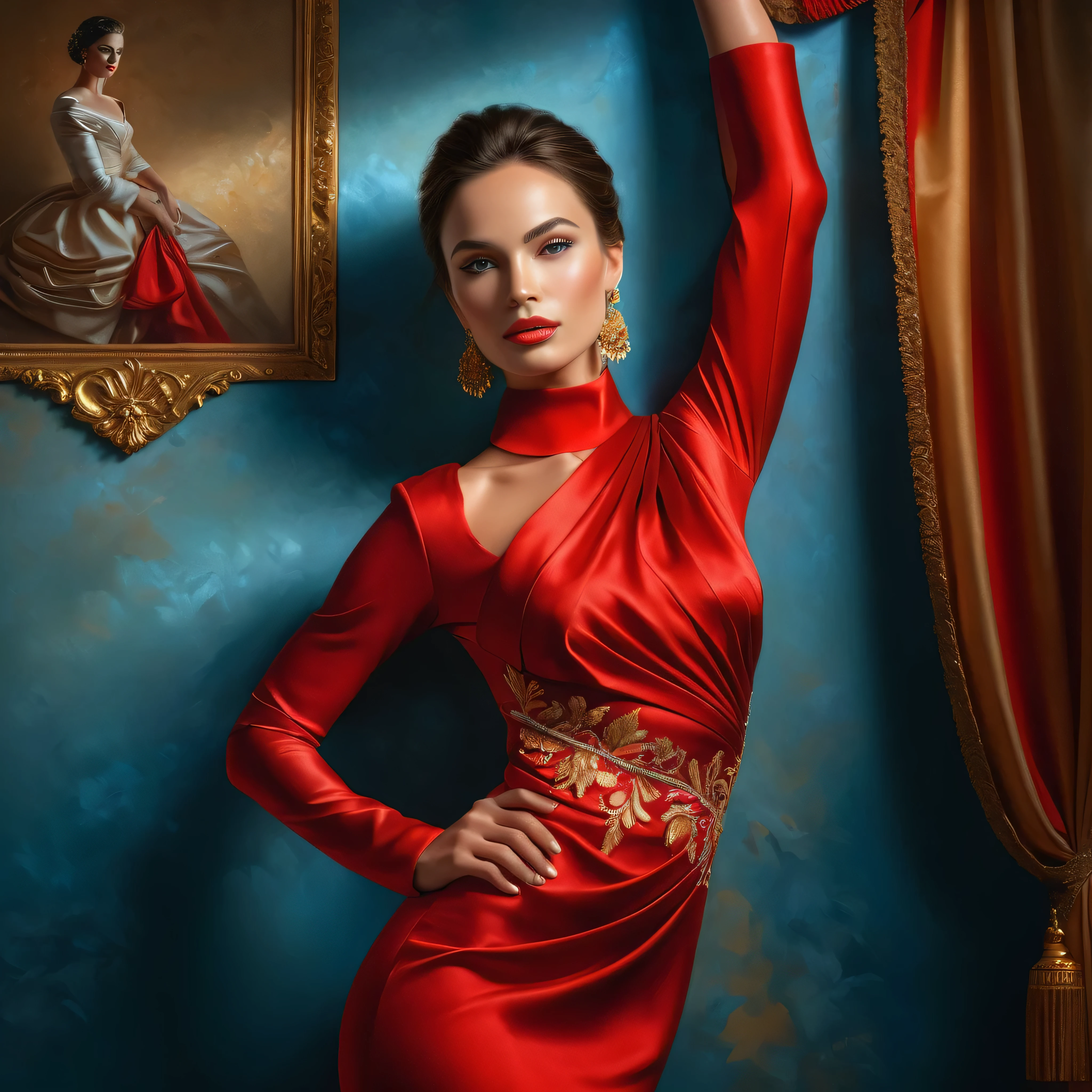 Diva standing_split,(best quality,4k,8k,highres,masterpiece:1.2),ultra-detailed,(realistic,photorealistic,photo-realistic:1.37),medium:oil painting,vivid colors,beautiful detailed eyes,beautiful detailed lips,extremely detailed eyes and face,longeyelashes,red dress,golden background,soft lighting,feminine posture,confident expression,professional,studio lighting,sharp focus,physically-based rendering,dynamic composition,sense of elegance,graceful movement