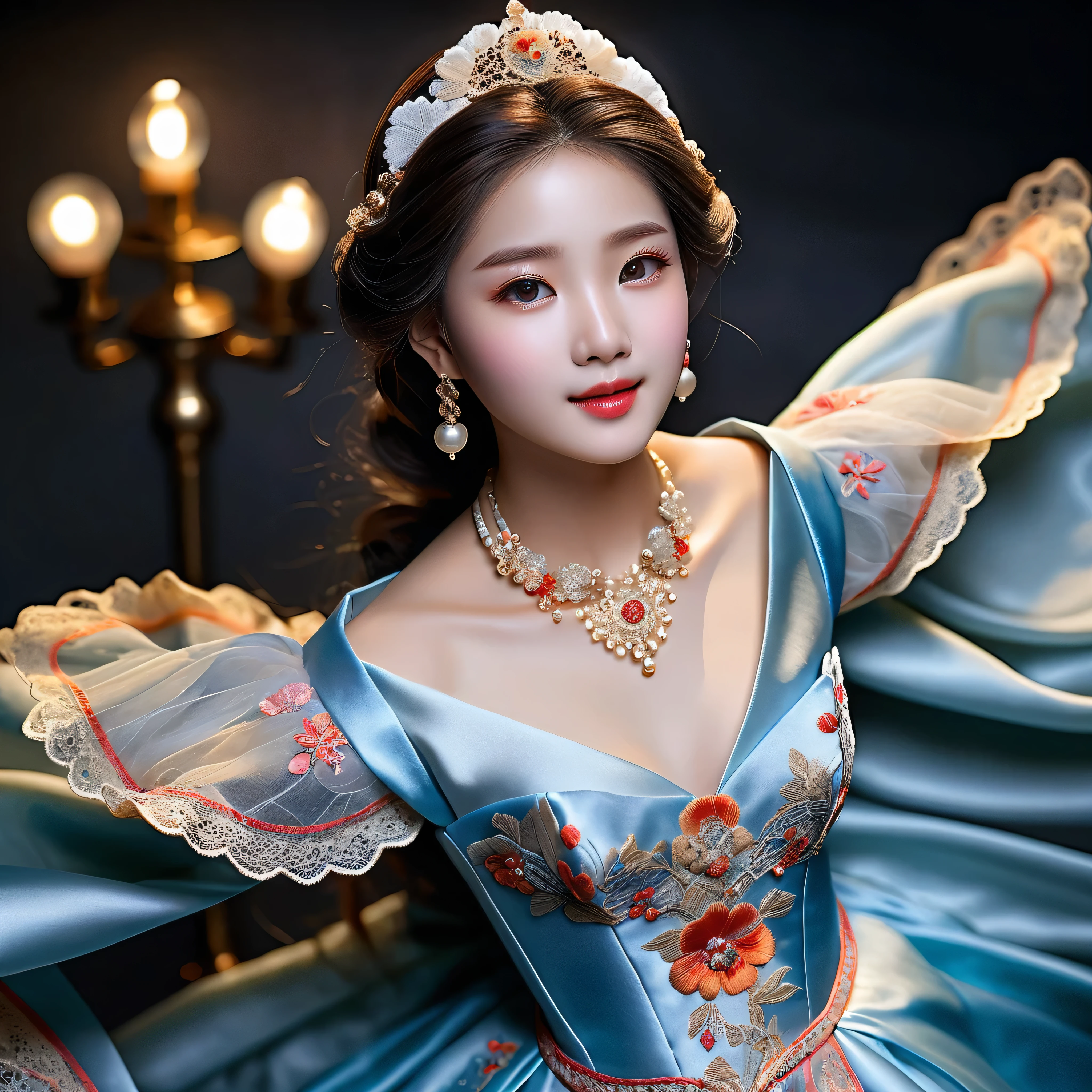 moonset, (epic best quality,RAW photo,masterpiece:1.2),(realistic,photo-realistic:1.37),1girl,night,professional lighting,photon mapping,radiosity,Korean Doll,long traditional dress,grey background,beautiful detailed eyes,beautiful detailed lips,doll-like face,fair skin,natural pose,subtle smile,dainty in appearance,delicate facial features,ornate hair accessories,brilliantly lit scene,soft and dreamy atmosphere,subtle gradient of warm and cool colors,ethereal glow,silver moonlight casting a gentle radiance,powerful contrast between light and shadow,elegant silhouette standing out against the dark background,serene and mysterious feel,attention to fine details,meticulously hand-painted lace and embroidery on the dress,eye-catching patterns, intricate texture of the fabric,subtle folds and drapes of the dress,creating a sense of depth and realism in the image,aesthetic harmony between the doll and the dress,creating a visually stunning art piece that exudes elegance and beauty. --v 6 --s 1000 --c 20 --q 5