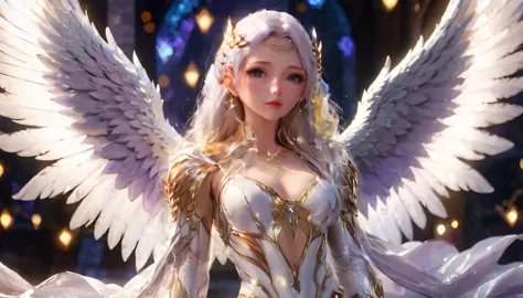 white and gold, movie photos full body female archangel, slender legs, her appearance is perfect. has a beautiful face and anime...