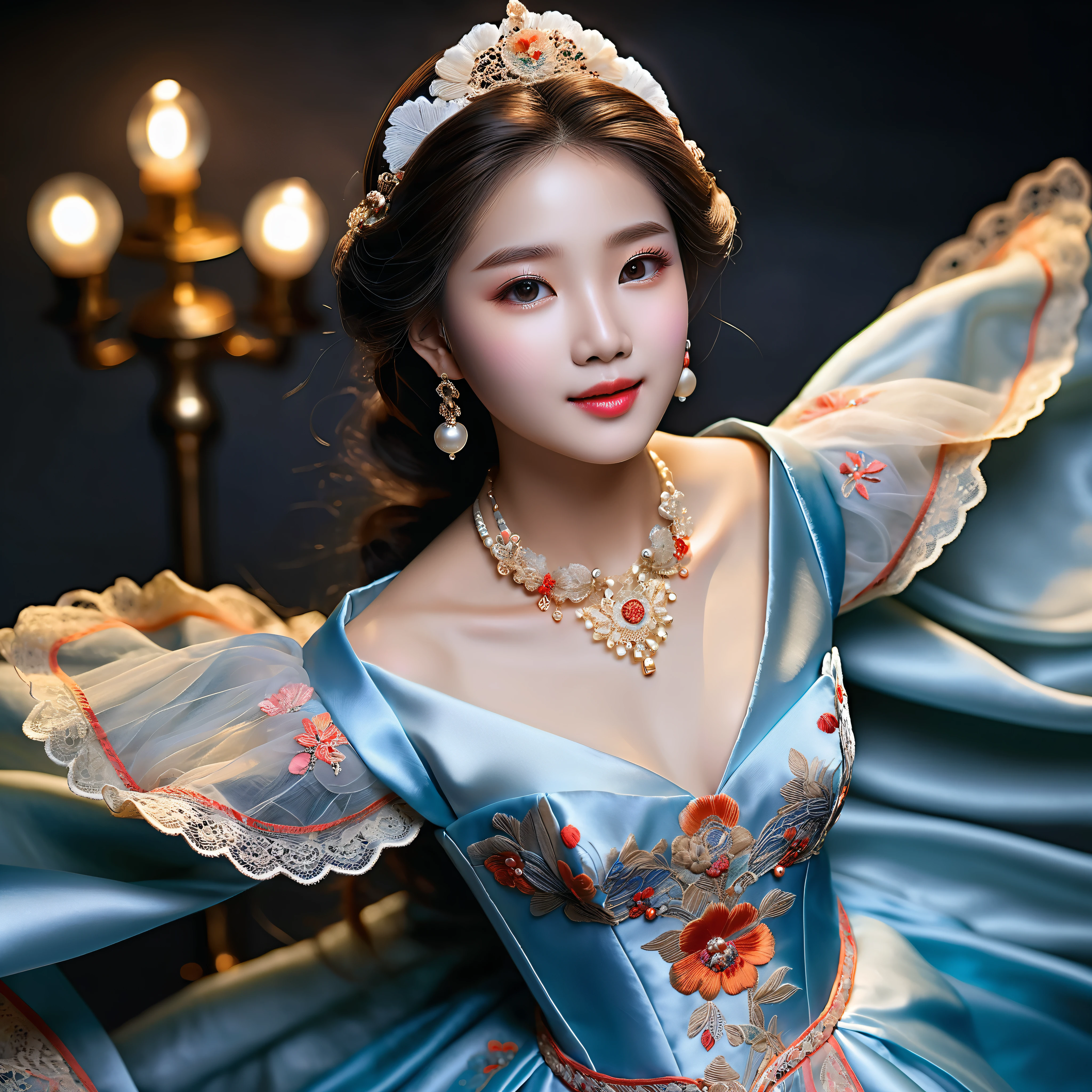 moonset, (epic best quality,RAW photo,masterpiece:1.2),(realistic,photo-realistic:1.37),1girl,night,professional lighting,photon mapping,radiosity,Korean Doll,long traditional dress,grey background,beautiful detailed eyes,beautiful detailed lips,doll-like face,fair skin,natural pose,subtle smile,dainty in appearance,delicate facial features,ornate hair accessories,brilliantly lit scene,soft and dreamy atmosphere,subtle gradient of warm and cool colors,ethereal glow,silver moonlight casting a gentle radiance,powerful contrast between light and shadow,elegant silhouette standing out against the dark background,serene and mysterious feel,attention to fine details,meticulously hand-painted lace and embroidery on the dress,eye-catching patterns, intricate texture of the fabric,subtle folds and drapes of the dress,creating a sense of depth and realism in the image,aesthetic harmony between the doll and the dress,creating a visually stunning art piece that exudes elegance and beauty. --v 6 --s 1000 --c 20 --q 5