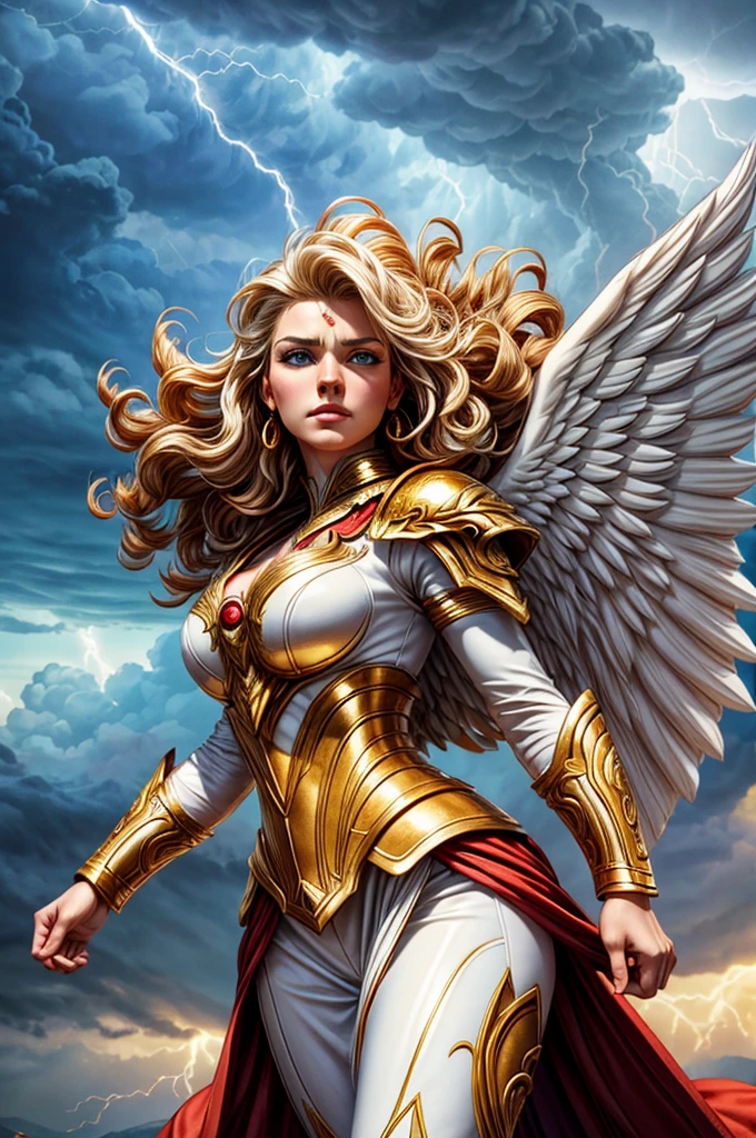 glorious victory scene,vivid colors,beautiful vintage warrior woman with very big white open wings,beautiful angry face,curly long hair,face to face with observer,white armor with gold embroid details, dynamic angle, storm sky and lightning clouds background