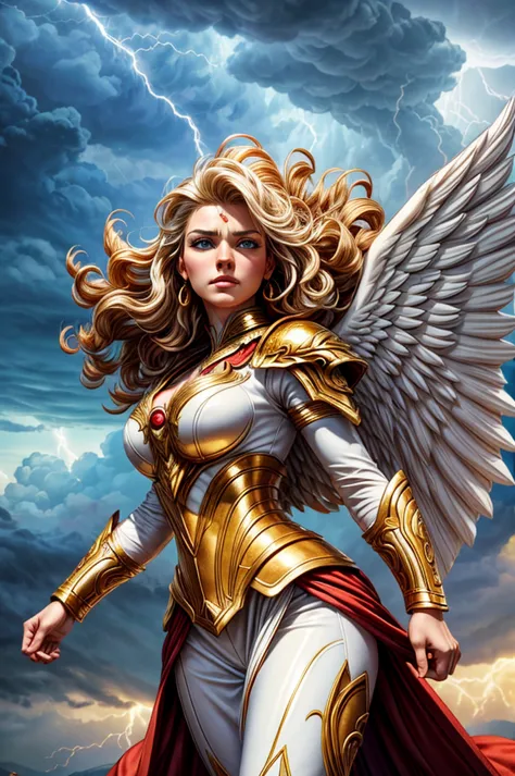 glorious victory scene,vivid colors,beautiful vintage warrior woman with very big white open wings,beautiful angry face,curly lo...