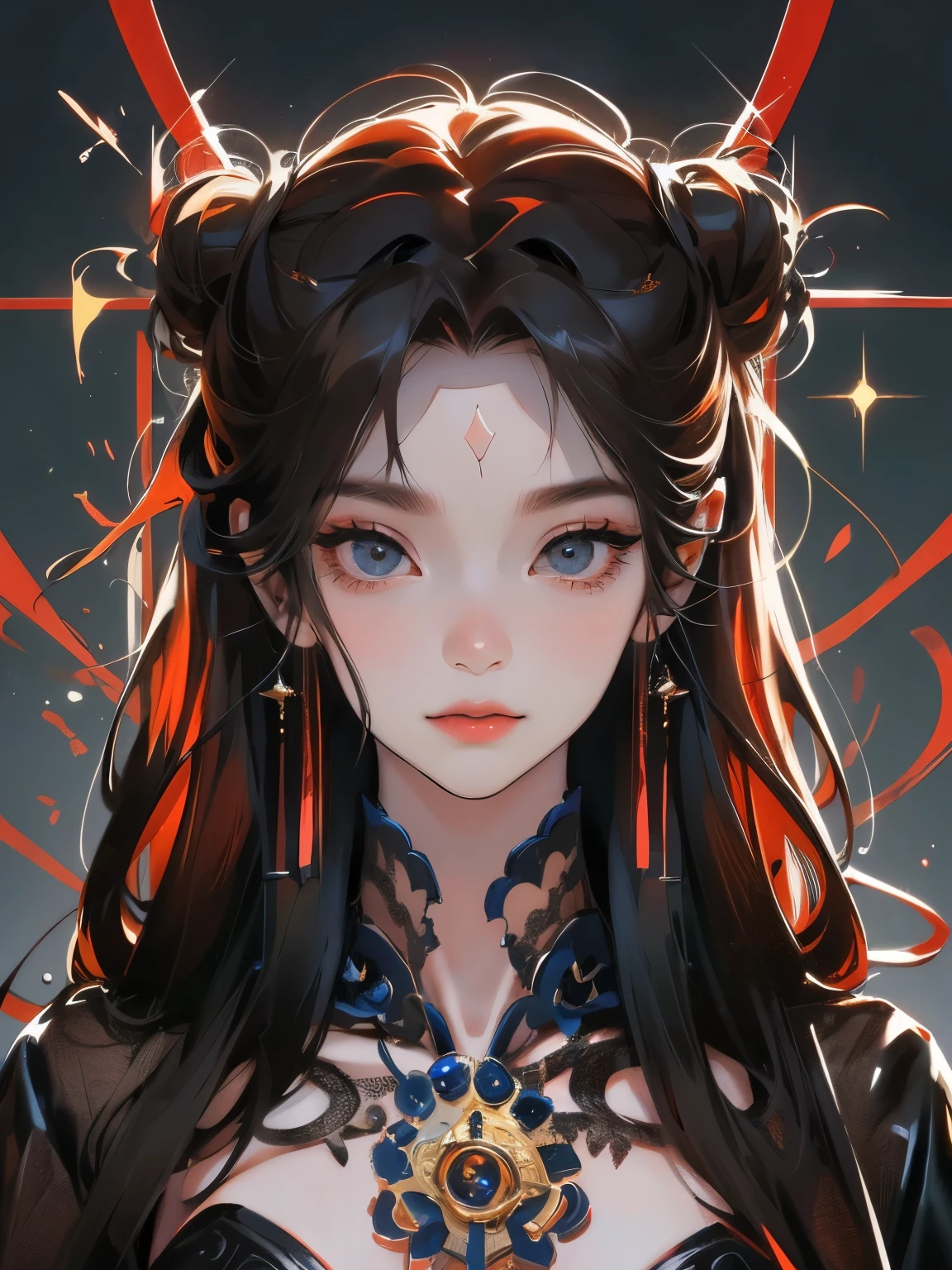 ((Masterpiece, Superb, Super Detailed, High Resolution)), solo, beautiful girl, sparkling eyes, perfect eyes, 15 years old, black and red gold theme, simple