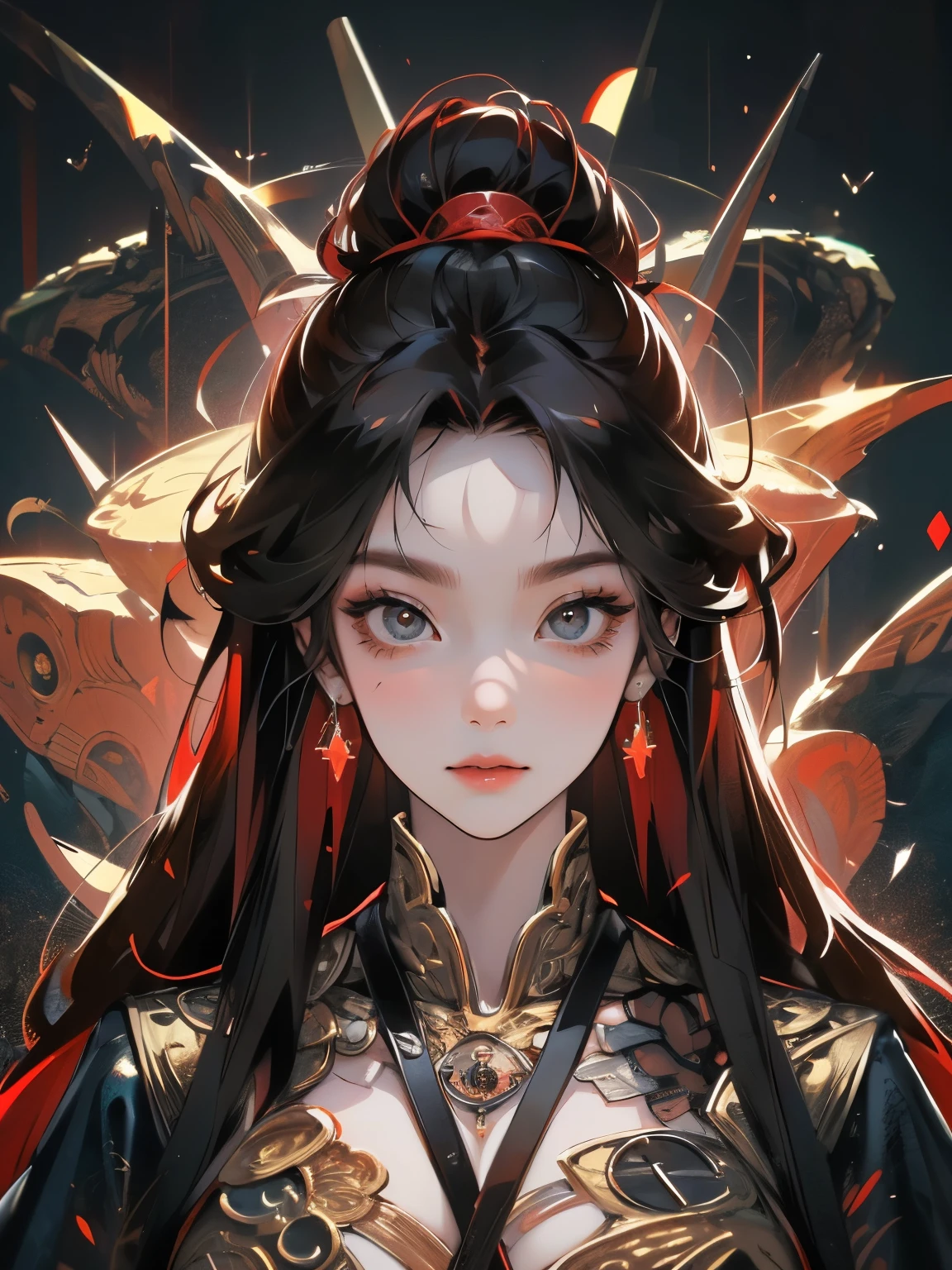 ((Masterpiece, Superb, Super Detailed, High Resolution)), solo, beautiful girl, sparkling eyes, perfect eyes, 15 years old, black and red gold theme, simple
