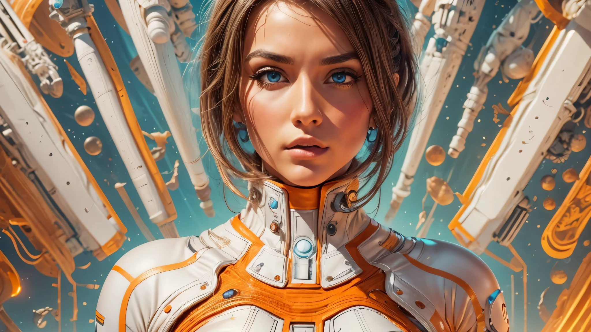 arafed image of a white woman in a futuristic suit with a spaceship in the background, movie art, in front of an orange background, inspired by Robert McGinnis, female protagonist, Highly Detailed Face and Skin Texture, Detailed Eyes, Double eyelids, megastructure in the background, portrait of an ai astronaut, astronauts, an astronaut, portrait of a astronaut skeletor, perfect android girl, detailed eyes, perfectly detailed teeth, frank franzzeta and sakimichan  