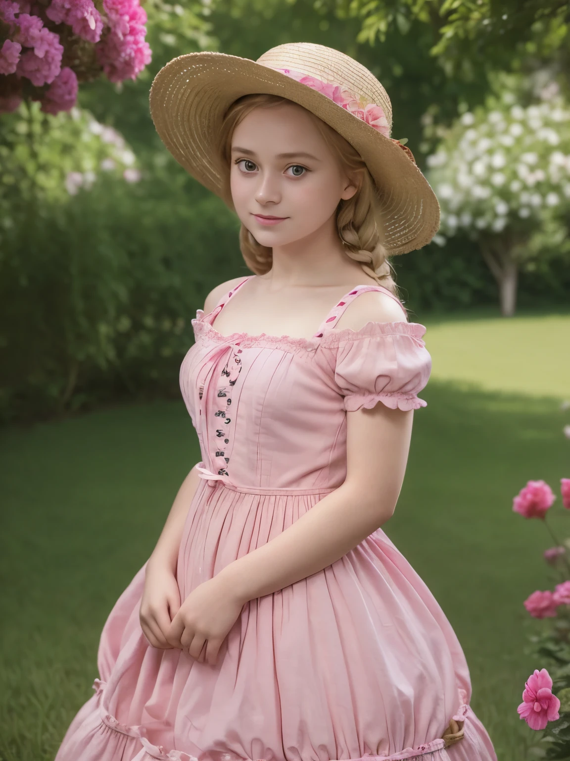 arafed woman in a pink dress and straw hat posing for a picture, a portrait inspired by Kate Greenaway, tumblr, renaissance, with straw hat, frilled blooming collar, pale fair skin!!, 🌺 cgsociety, very pretty face, rosy cheeks, sadie sink, wearing a chocker and cute hat, wearing 10s era clothes