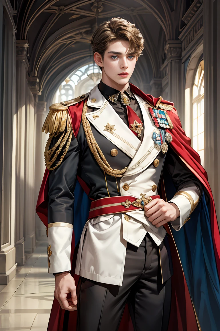 
masterpiece, 最high quality, high quality, 1 boy, alone, Male focus, Watching the audience,  Messy brown hair, Adorable big blue eyes, White, Noble, Noble, Beautiful tailcoat、A very voluminous, large, very large, very large, long, long red and black cape with a high stand-up collar, made of a lot of fabric that reaches down to the floor., 17 years old,Cute beautiful boys,Cute, cute, kind, handsome guy