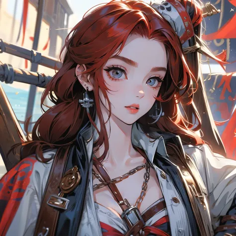 portrait,redhead,female pirate、Jack Sparrow Style、beautiful woman、fully dressed like pirate、sexy、masterpiece、highest quality、beautiful eyes