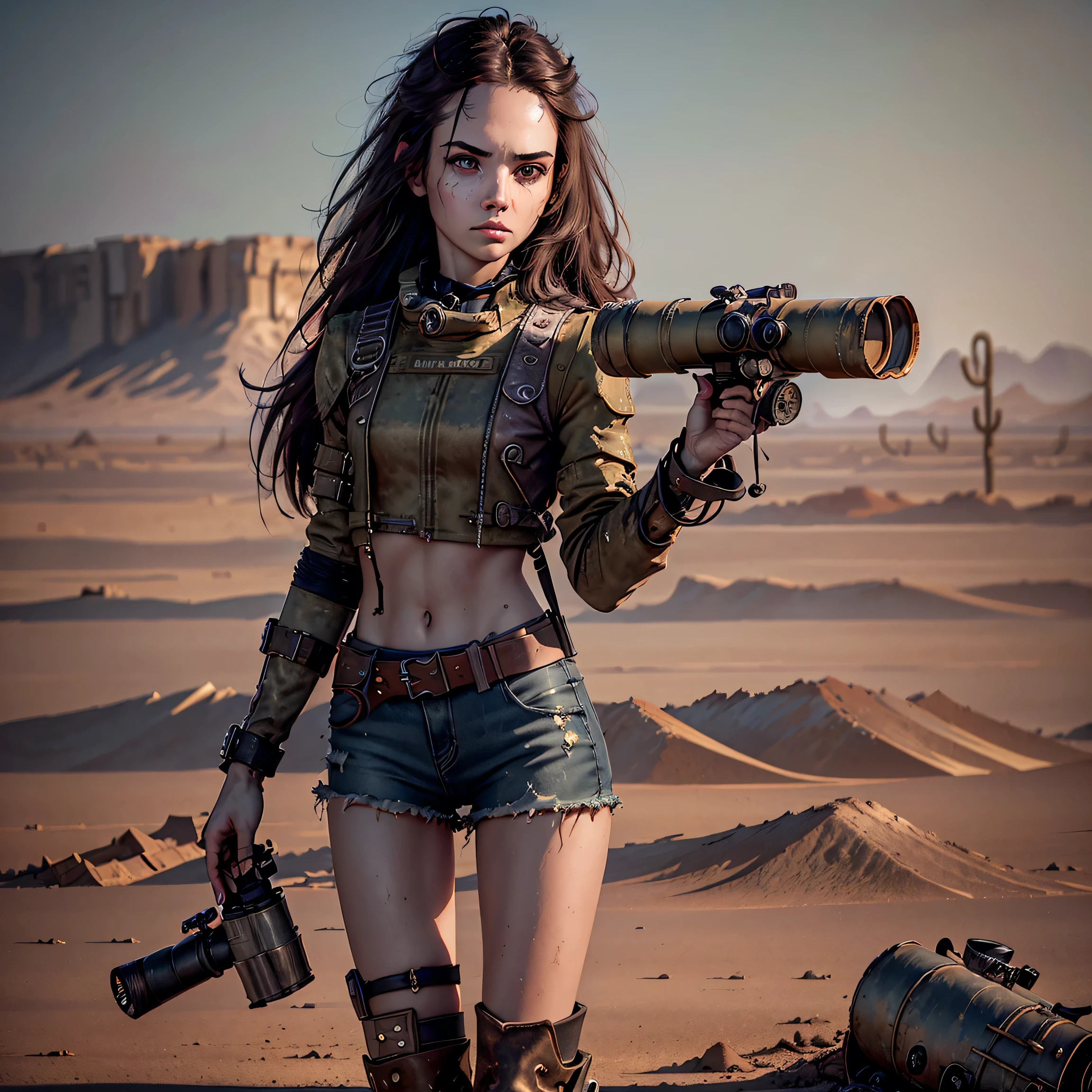 1girl, (solo:1.2), [slim], (small chest), pale skin, ((detailed eyes)), (bokeh effect), (dynamic angle), dynamic pose, (deserted wasteland:1.3), (long hair:1.4), (dark hair:1.4), leather jacket, ripped jeans, high boots, (backpack), (dark and cloudy sky), dirty hair, (wasteland desert:1.4), dirty hair, ((masterpiece)) close up shot, (holding binoculars:1.5), (looking at military binoculars:1.4)