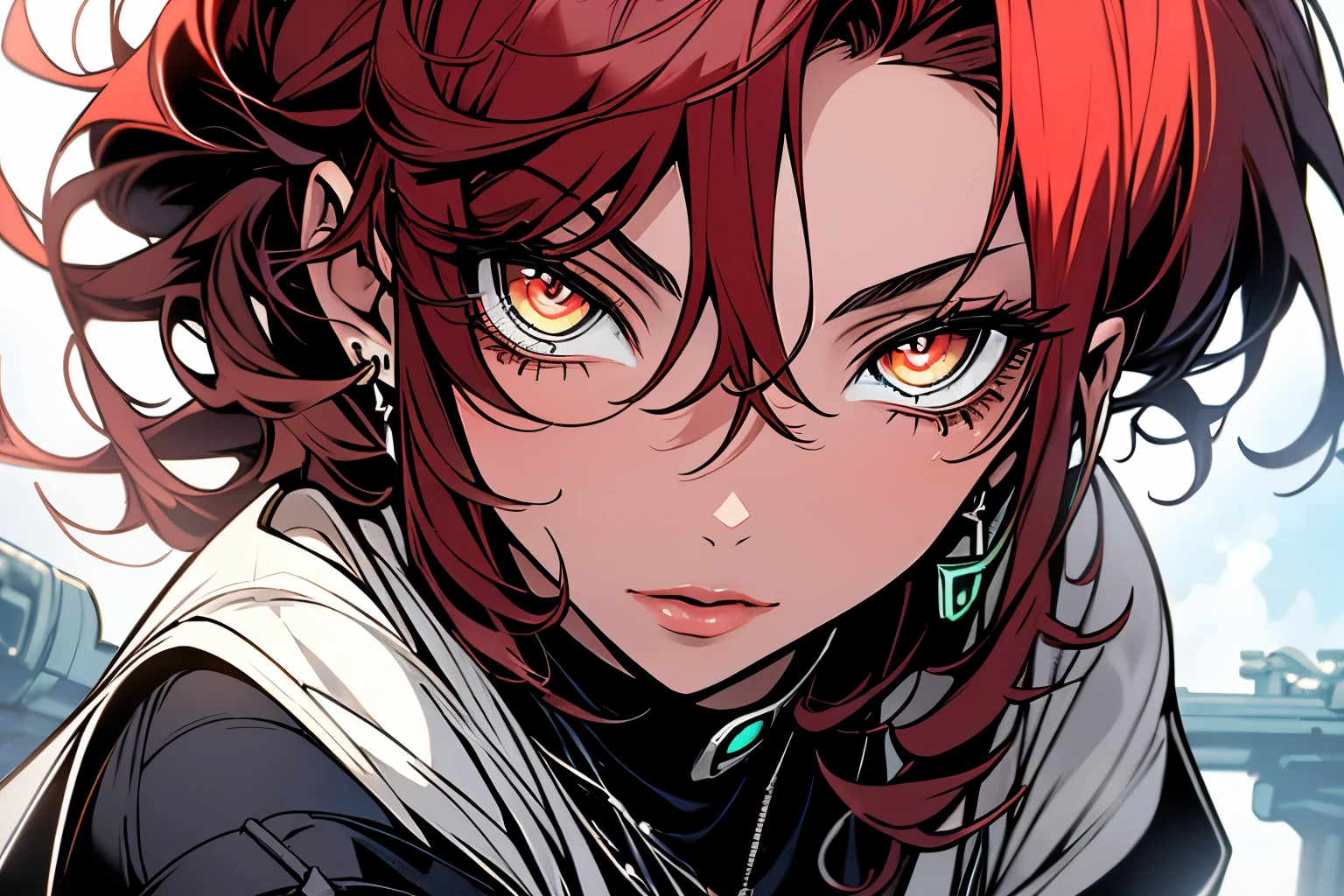 (masterpiece, top quality, best quality, official art, beautiful and aesthetic:1.2), (1girl:1.3), Charmer, Tall, Slim, Oval Face, Olive Skin, Red Hair, jade Eyes, Straight Nose, Pouty Lips, Prominent Chin, Shoulder-Length Hair, Curly Hair, High Messy Bun, round breasts, Dangle earrings, green, sheer lipstick, A woman with a sleek pixie cut and dressed in a futuristic and futuristic outfit, looking at viewer,close-up, limited palette, low contrast,