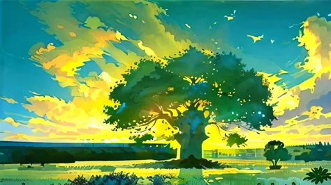 a painting shows green fields with baobab trees, in the style of voigtlander brilliant, sky-blue and yellow, tranquil sunset, tr...