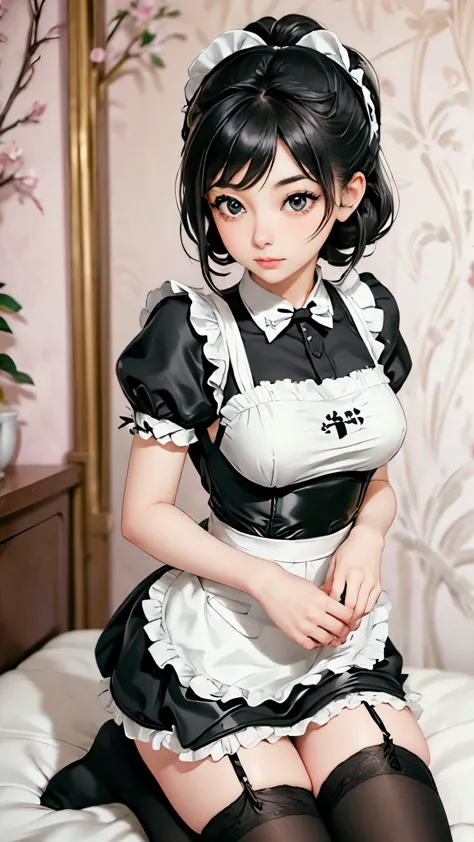 arafed woman in a black and white dress and white socks, a pastel by Tadashige Ono, flickr, shin hanga, maid outfit, maid costum...