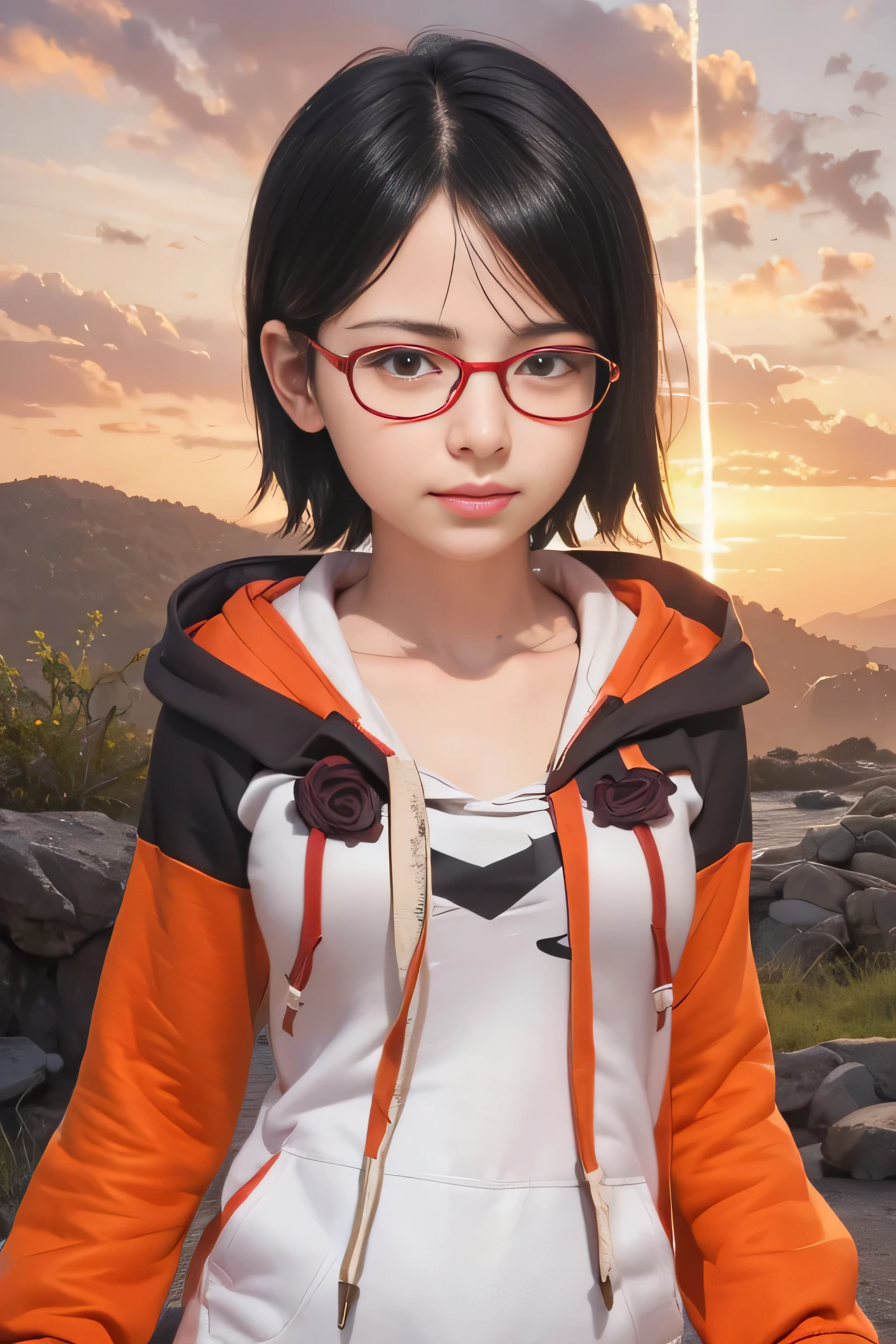 masterpiece, best quality, (realistic,photo-realistic:1.4), (RAW photo:1.2), extremely detailed CG unity 8k wallpaper, delicate and beautiful, amazing,finely detail, official art, absurdres, incredibly absurdres, huge filesize, ultra-detailed,extremely detailed eyes and face,light on face,sarada uchiha,(little smile),(black hair:1.4),(short hair:1.6),(wearing hoodie:1.5),(wearing red framed glasses:1.4),sunset,bodysuit