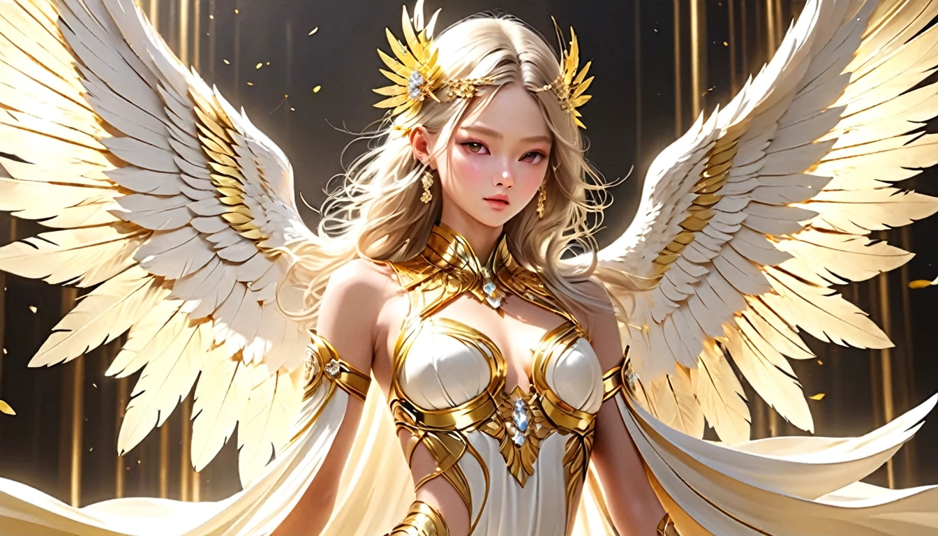 White and Gold, 电影照片whole body女性天使, Her appearance perfectly blends the ancient mystery. Have the face and style of a contemporary supermodel, She exudes a kind of cold and detached beauty, Giant angel feather wings, (masterpiece, best quality, great, Unity&#39;s highly detailed、8k wallpaper, Depth of Field, Super detailed illustrations:1.5)、3D, Extremely detailed, (whole body、Mechanical Elf Girl:1.3), sci-fi battlefield, hawken, Smile, open mouth, Short Ponytail, (white blonde, Deep blue eyes:1.2), Bright Eyes, Cute face, Kawaii, Large Breasts, Fine hair, Messy hair, (((Flying in the sky))、Blue sky, White Cloud), Shiny hair, Glowing skin, (Symmetrical mechanical wing、Metallic colored mechanical wings that are widely expanded to the left and right so that they protrude greatly from the screen, hat, White hair ornaments), (Light Particles, Movie Lighting: 1.3), (Thin pink lips: 0.8), 