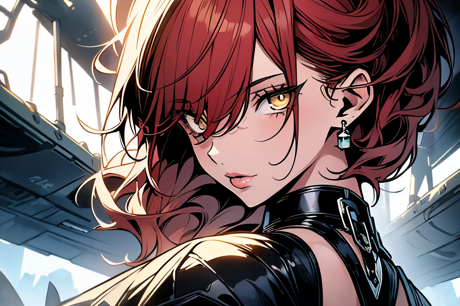 (masterpiece, top quality, best quality, official art, beautiful and aesthetic:1.2), (1girl:1.3), Charmer, Tall, Slim, Oval Face, Olive Skin, Red Hair, jade Eyes, Straight Nose, Pouty Lips, Prominent Chin, Shoulder-Length Hair, Curly Hair, High Messy Bun, round breasts, Dangle earrings, green, sheer lipstick, A woman with a sleek pixie cut and dressed in a futuristic and futuristic outfit, looking at viewer,close-up, limited palette, low contrast,