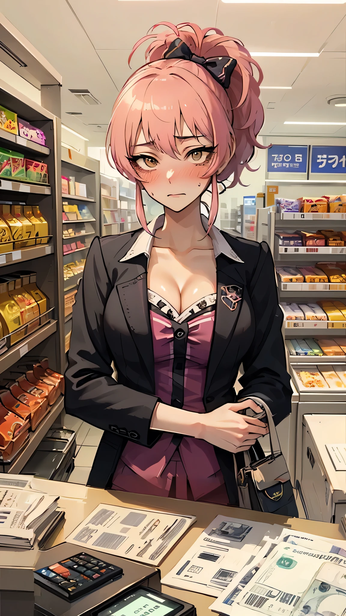 A white cash register counter in front of a girl、A large number of condoms on the cash register、Detailed to the smallest detail、Stacked boxes of condoms