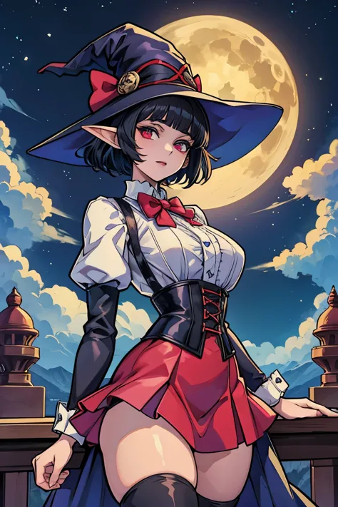 anime girl, short black hair, bangs are heavy, elf ears, red eyes, vampire, sorcerer, magician, witch, big witch hat, elegant,((...