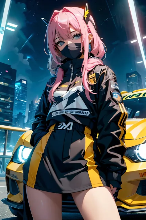 ultra HD, haute  resolution, verry detailed picture, the girl is wearing colored flashy beautiful clothes , wearing balaclava, race helmet in her hand, pilot outfit, sexy skirt and top, the girl is standing near a Ford mustang gt, race car, race circuit, s...