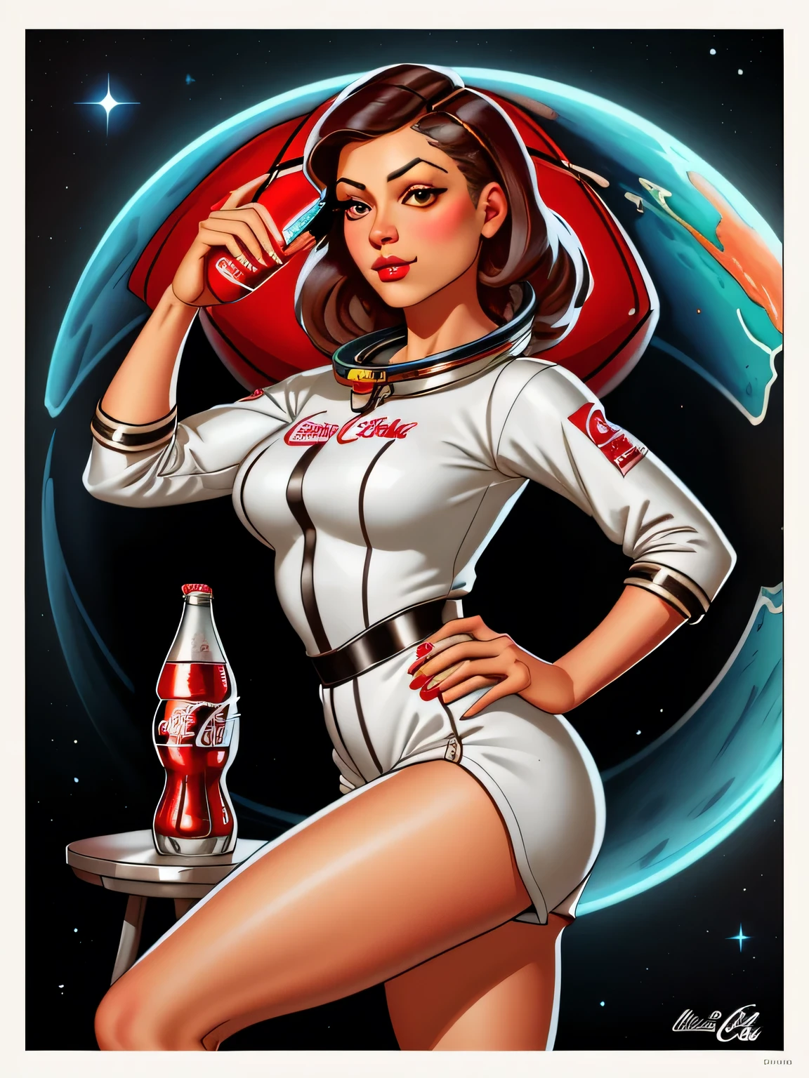 Art Pin-up d'astronaute Coca Cola par Gil_Elvgren et Haddon_Sundblom, 
[ Dana Davis | Freida Pinto ],
 