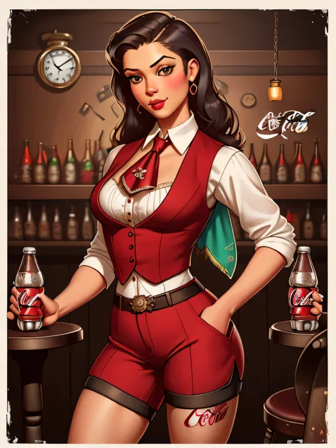 ((sfw)), coca cola pinup art by gil_elvgren and haddon_sundblom, 
[ dana davis | freida pinto ],  pocket watch, waistcoat, and a...