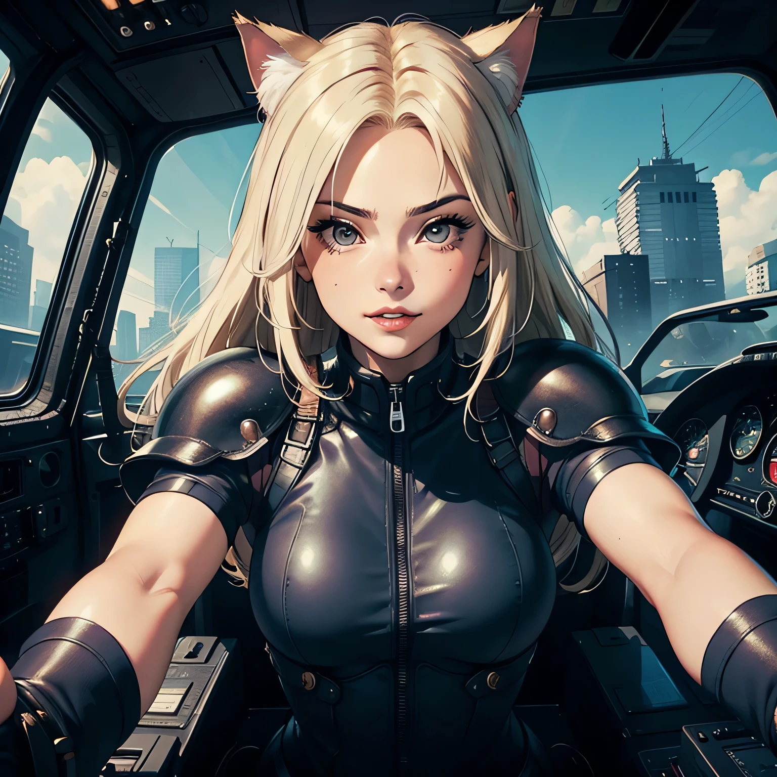 ((highest quality)), ((masterpiece)), (be familiar with), (High definition), 8K, Perfect Face、2Women、Two blonde women with cat ears、((Standing by in the mobile suit&#39;s 2cockpit))、Fearless smile、tall、2 Blonde cat ears、2. Long Hair、2. Volumetric hair style、Large Breasts、Narrow waist、Big Ass、glamorous、Alluring、protector、Armor、combat suit、Combat Boots、Armament、Cinematic、Best Shadow、Side lighting、NEO TOKYO、((cockpit))、(Close-up of face)