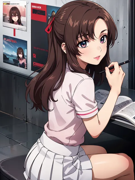 bangs,brown_hair, long_hair,red eyes,lipstick,makeup,
break (white skirt, red ribbon, pink shirt, pleated skirt, bangs, neck rib...