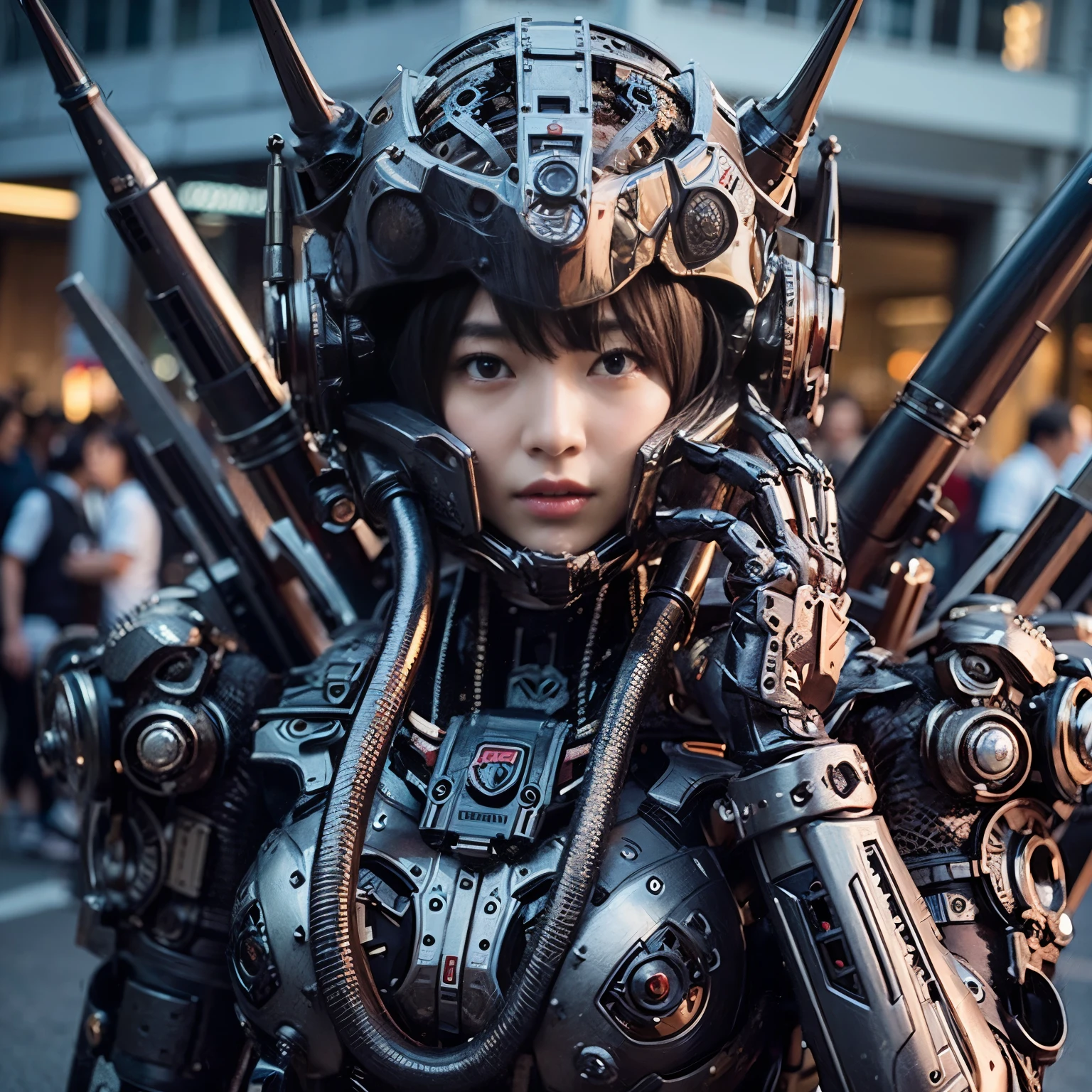 (Masterpiece, ultimate quality:1.2), 8k, Japanese woman wearing a devil-shaped powered suit, very beautiful face, mechanical, ultimately intricate details, full body shot, (ultimate photorealistic:1.37), park with a beautiful view at night, steampunk , full body image, wide angle