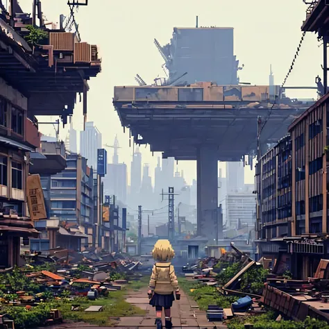 girl with little clothes walking towards the dark city_anime style landscape_decaying city_poor lighting_girl walking in the cit...